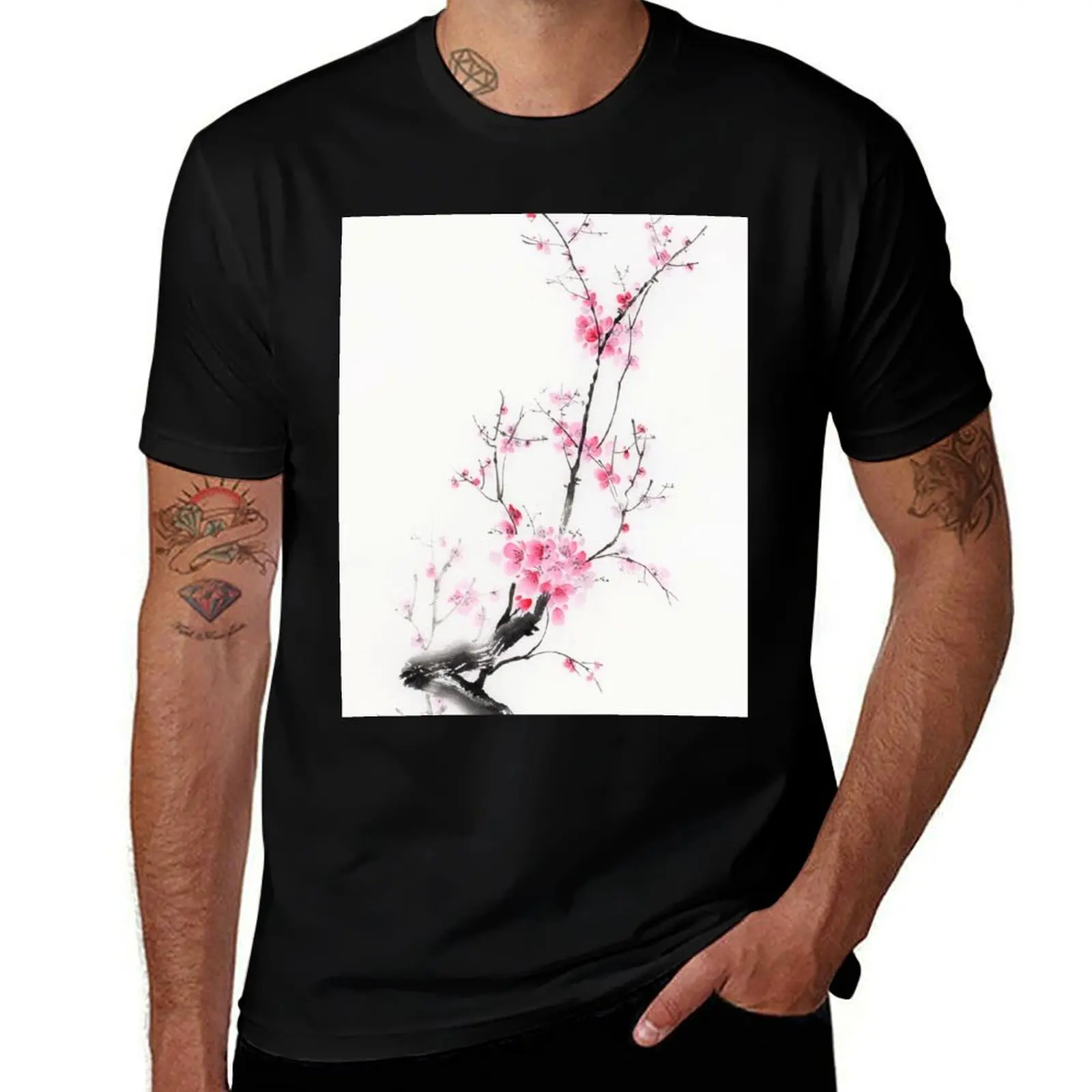 Delicate sakura branch with pink blossoms Japanese Zen sumi-e painting on white rice paper art print T-Shirt