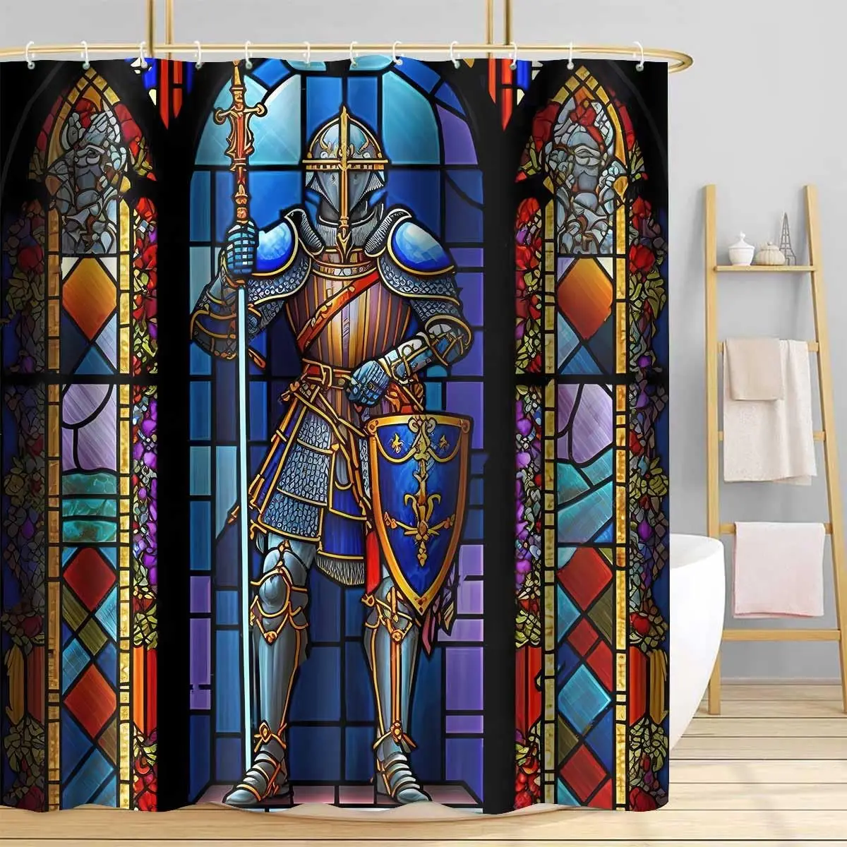 Shower Curtain, 72x72 inch Polyester, Medieval Knight Stained Glass Bathroom Shower Curtains Decor Set with 12 Hooks