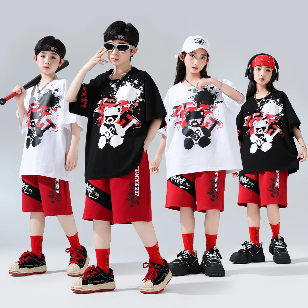 Kid Kpop Hip Hop Clothing White Black Print T Shirt Top Red Casual Summer Shorts for Girl Boy Jazz Dance Wear Costumes Clothes