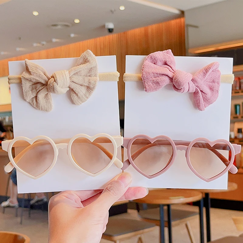 2 Pcs/Set New Girls Lovely Solid Color Cotton Bowknot Hairband Heart Shape Outdoor Acrylic Sunglasses Set Kids Hair Accessories