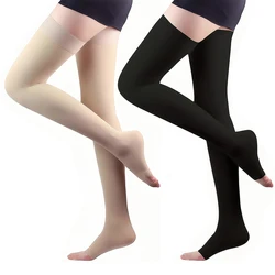 1Pair Women Open Toe Thigh High Compression Stockings with Silicone Band 20-30mmHg Graduated Support Varicose Veins,Edema,Flight