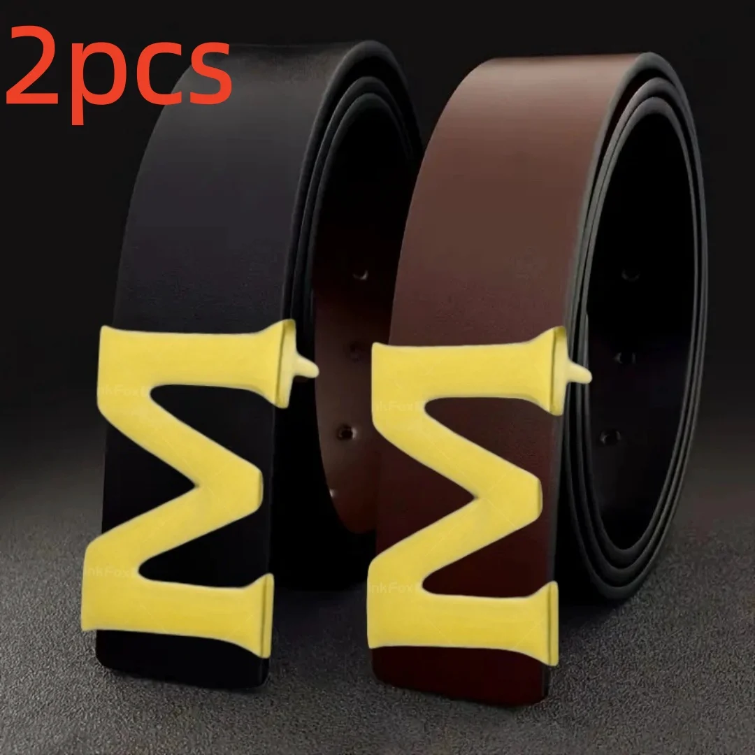 2Pcs Men Slide Plate Buckle Belt Set, Stylish Golden M‑Shape Metal Buckle, Smooth Solid Color Waist Strap for Business Casual