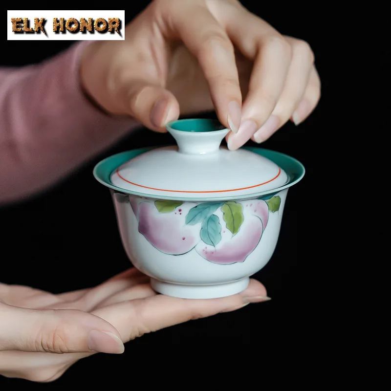 150ml Turquoise Green Cover Bowl Hand-painted Longevity Peach Tea Tureen Zen Ceramic Gaiwan Luxury Tea Maker Cafes Gift Teaware