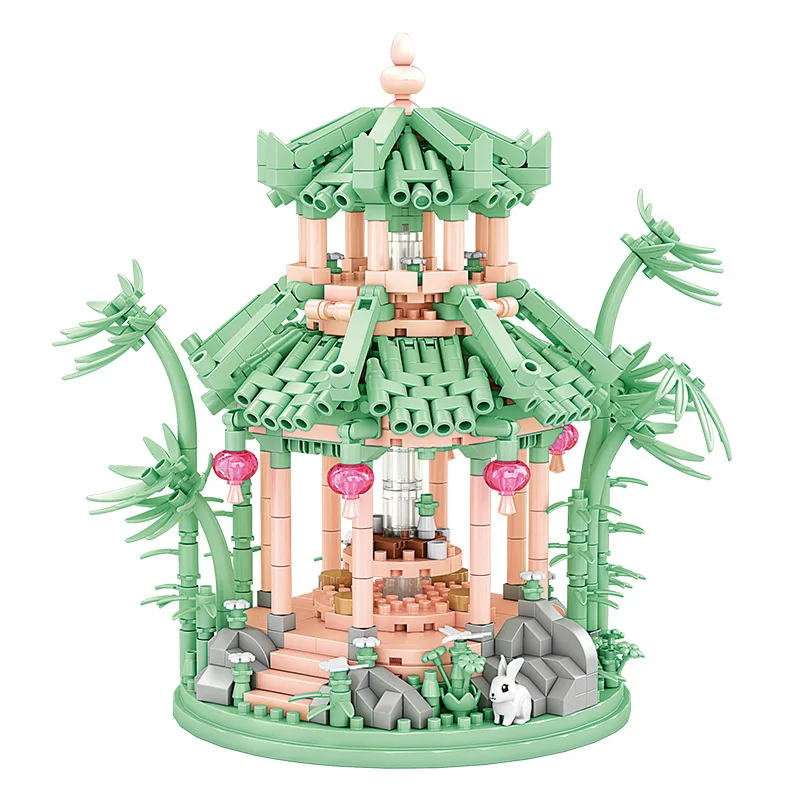 OUZEY 10" Chinese Long Pavilion Building Blocks, 14+ Micro Particles DIY Ancient Architecture Model, Creative Desk Decor Gift