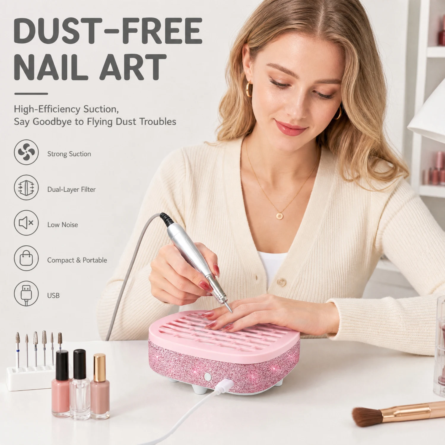 858‑M3 Nail Dust Collector, High‑Suction Low‑Noise Nail Vacuum Cleaner, Rhinestone‑Decorated Shell, Type‑C Power Supply, One‑Touch Switch, Removable Filter Cover, Comes with 10 Filter Papers, For Salon & Home Nail Art 4