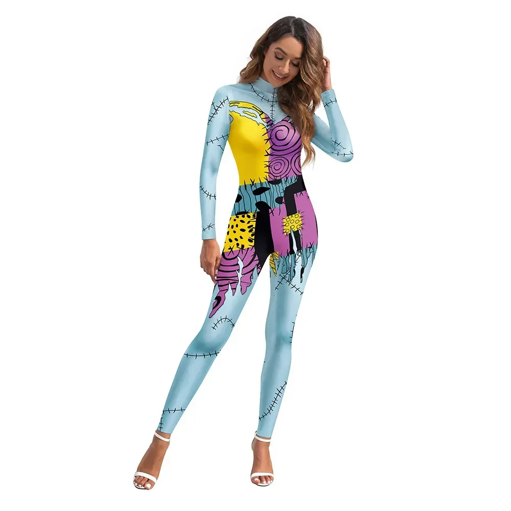 Halloween Volwassen Carnaval Kostuum Voor Vrouwen Sally Print Slanke Jumpsuit Catsuit Rompertjes Lange Mouw Zenti Party Bodysuit