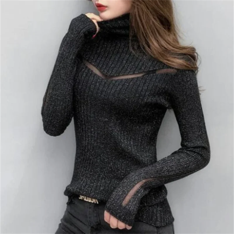 

Sexy Long-Sleeved Sweater Women Turtleneck Perspective Net Yarn Splicing Knitwear Bright Pull Ladies Sweaters Pullover Top