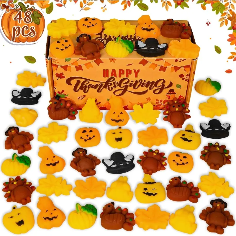 

48 PCS Thanksgiving Squishy Toys Mini Cute Squeeze Toys Pumpkin Maple Leaf Stress Relief Toys for Kids Thanksgiving Funny Party