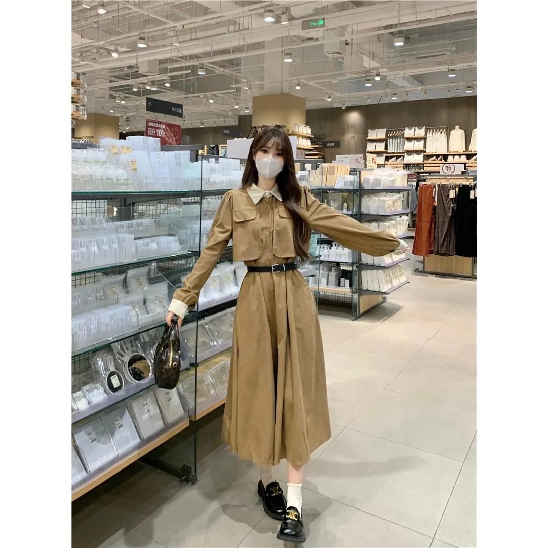 Autumn Winter Corduroy Long Dress Women's Slimming Waist Cinched Hepburn Style Color Block Fake Two-Piece Midi Dress Citywalk