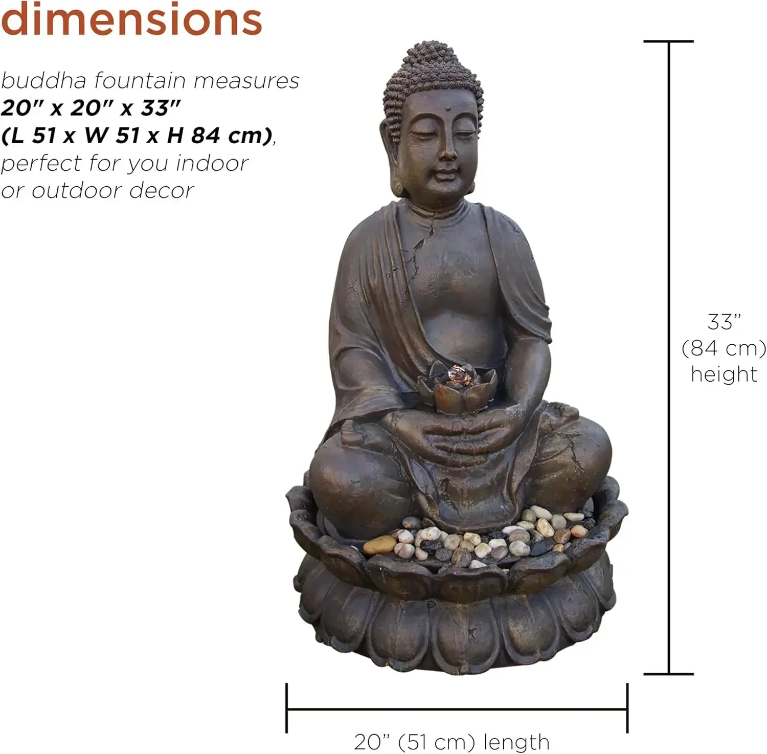 GEM122 Outdoor Floor Meditating Soothing Buddha Statue Waterfall Fountain for Garden, 33