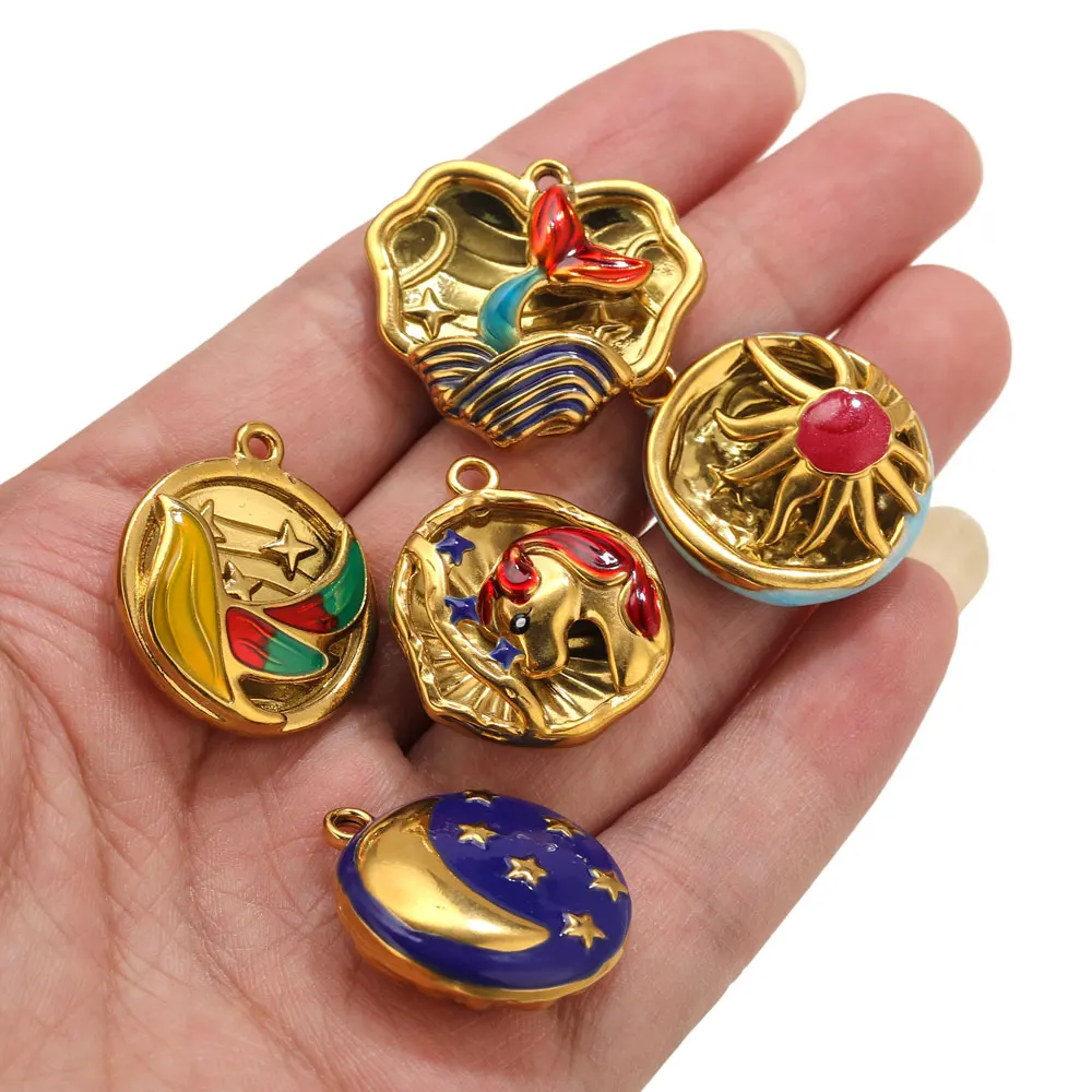 1pcs Stainless Steel 3D Enamel Unicorn Charms For Jewelry Necklace Pendants DIY Bird Sun Fish Hollow Charms Jewelry Accessories - view 3