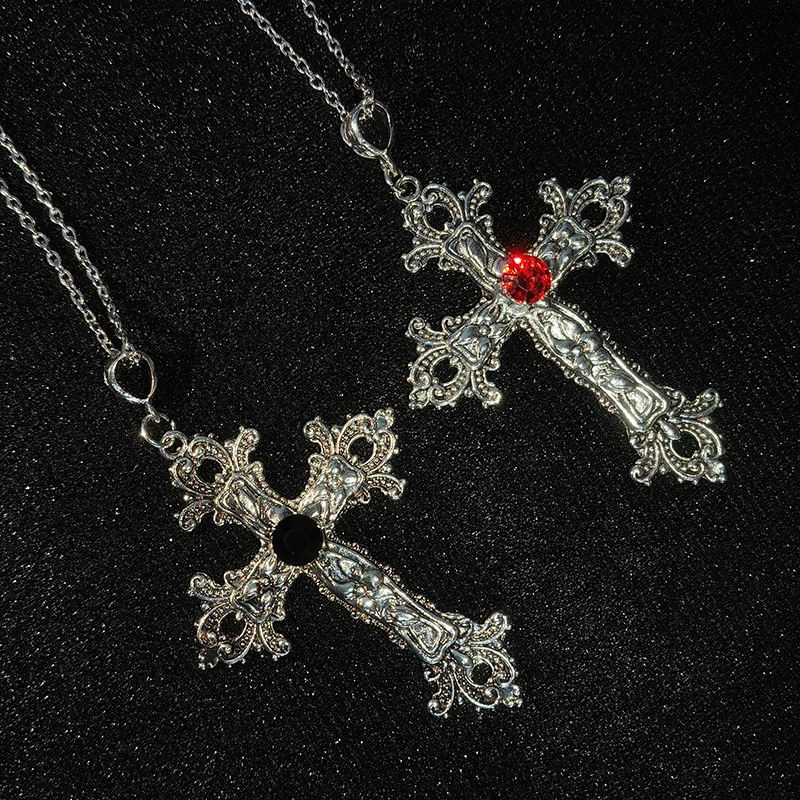 LLL Gothic Big Zircon Cross Necklace Unisex Y2K Irregular Goth Large Cross Pendant Necklaces  for Men Women Couple Necklace Jewe