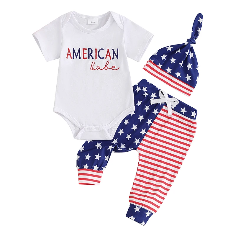 

Newborn 4th Of July Outfit Baby Boy My First Fourth of July Outfits Romper+Pants+Hat Infant Clothes Set