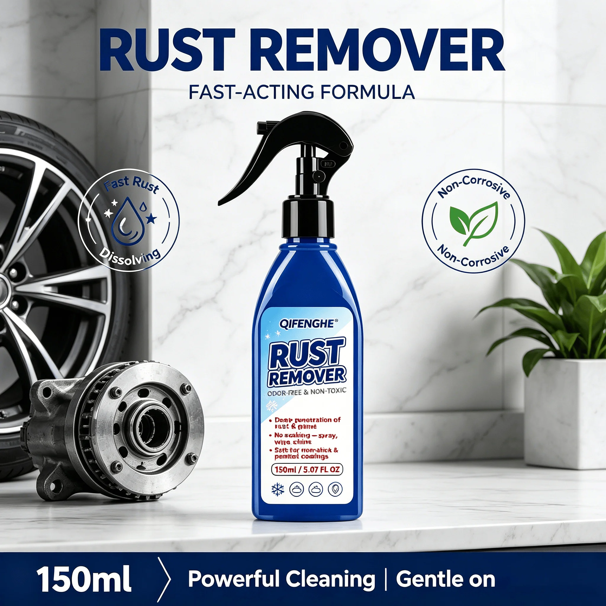 Instant Rust Remover Spray – For Car Brakes, Wheels, Hinges – Non-Corrosive, Restores Shine, No Scrubbing – 150ml