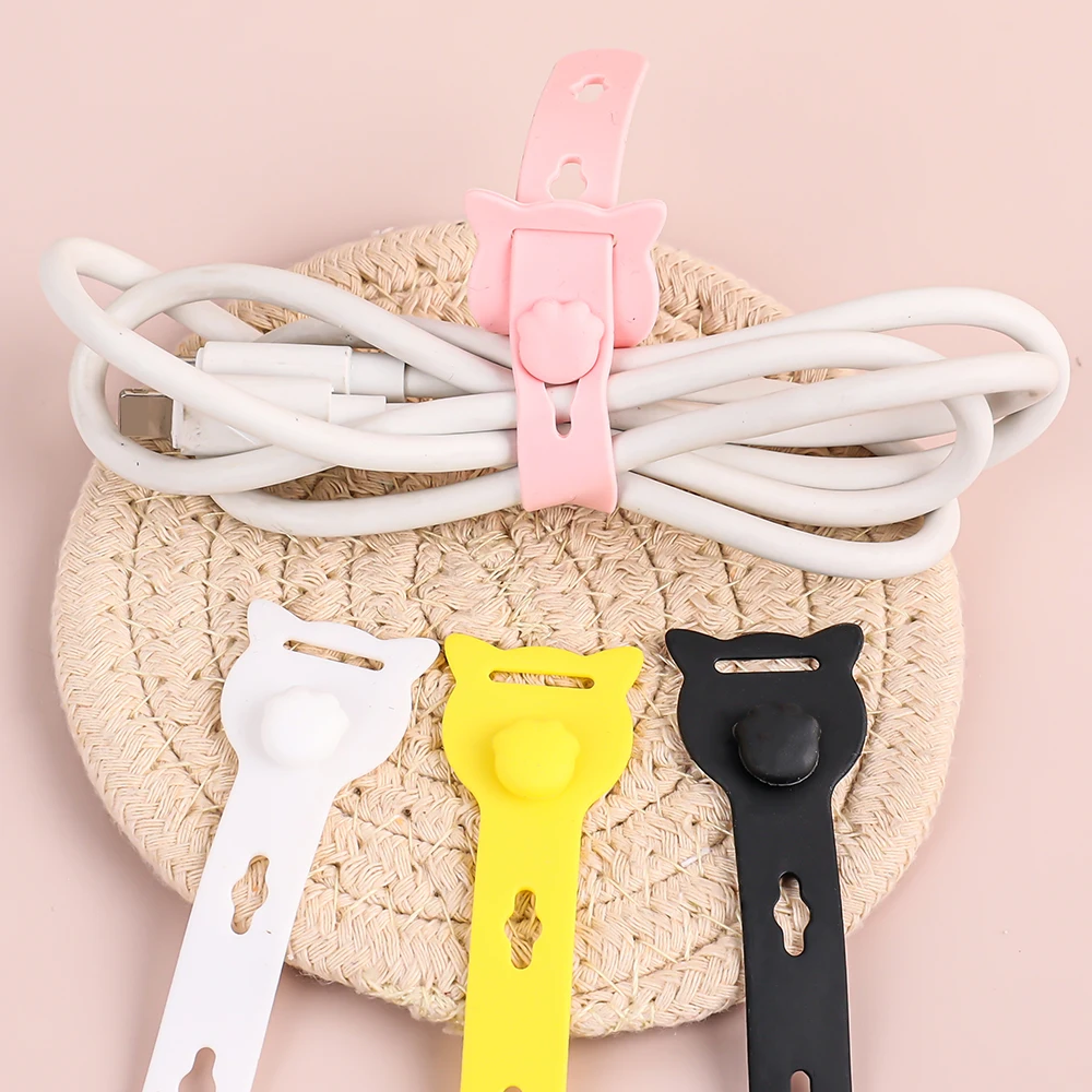 Cartoon Cat Shape Cable Ties Silicone Wire Cord Organizer Strap For Charger Data Cord Earphone Management Cables Tie Clip