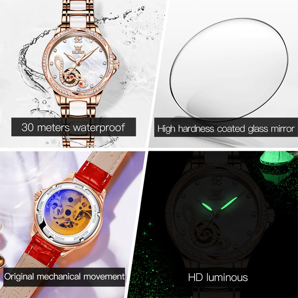 OLEVS Mechanical Watches For Women White Musical Note Design Waterproof Luminous Elegant Ceramics Watchband Ladies Wristwatch