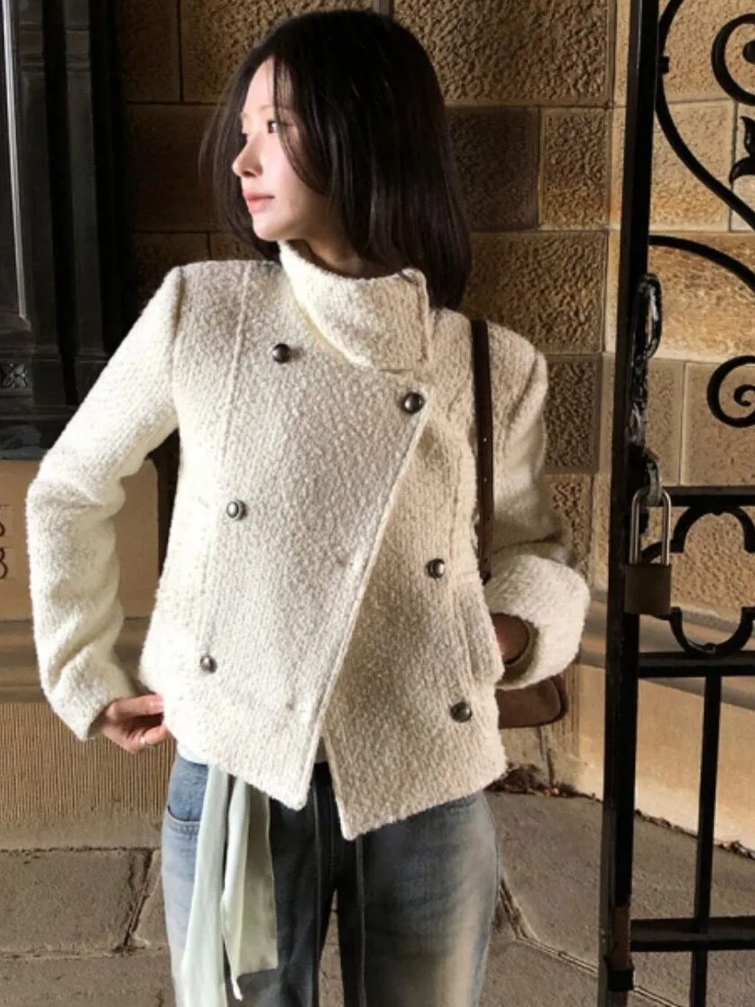 Elegant Black Tweed Jacket Women's Autumn Winter Double-breasted Stand Collar Coat Stylish Design Casual Chic Outerwear