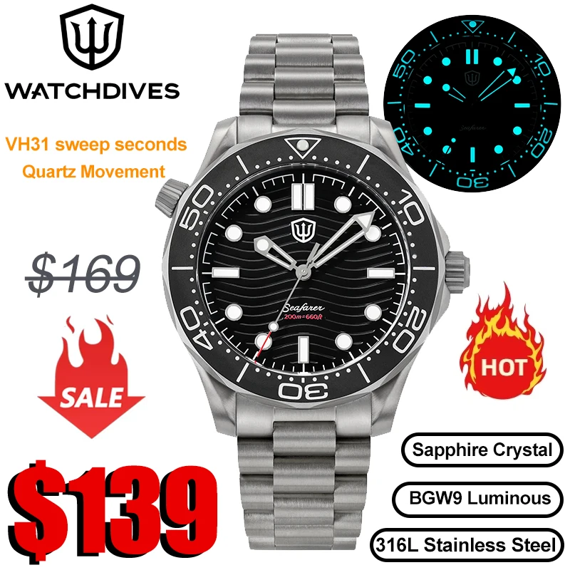 Watchdives WD007Q V2 Diver Watch VH31 Sweep Second Quartz Movement Luminous Domed Sapphire Crystal Watches 42mm Titanium Watches
