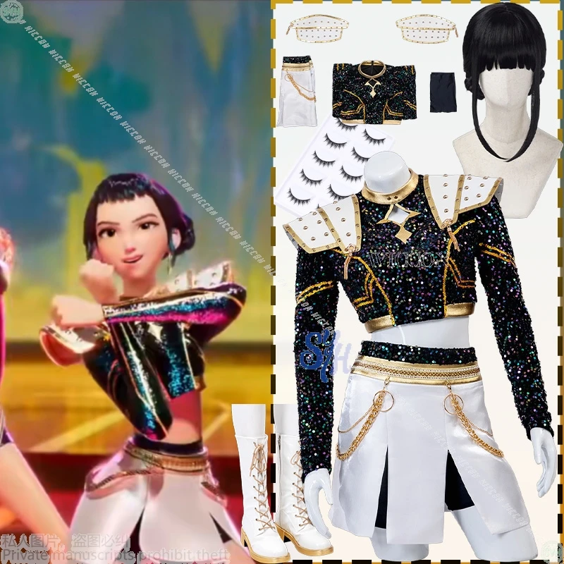 

Huntrix Zoey Kpop Demon Косплей Аниме Для ЗОЛОТЫЙ Сценический Униформа Черное Пальто Белое Мини-Платье Kawaii Jirai Kei Девушки Корея Idol Cos
