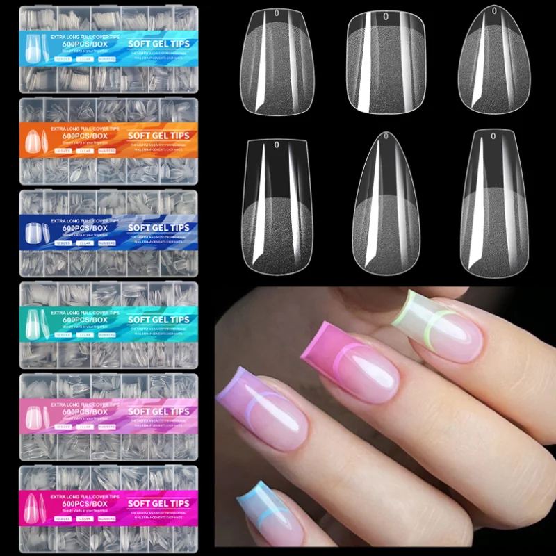 

600PCS/SET Extra Long Full Cover Nail Tips Soft Gel False Nail Patch Tips Seamless Thin Fingertips DIY Nail Salon Manicure Tools