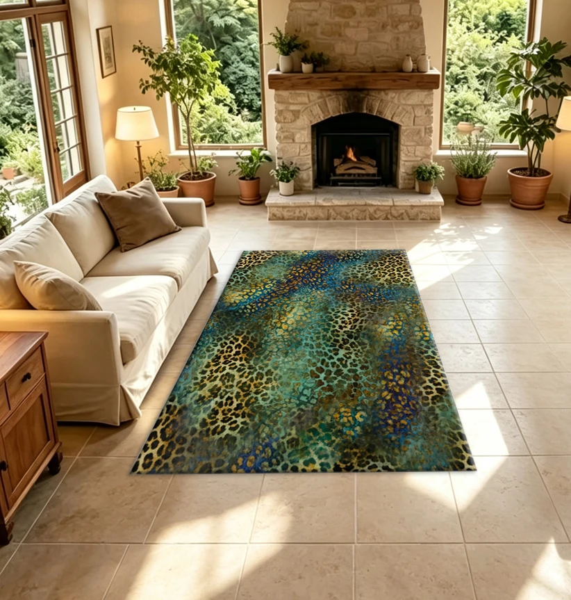 Vintage Blue-Green Leopard Print Carpet, Tie-Dye Animal Skin Pattern Non-Slip Floor Carpet, Suitable for Bedroom, Living Room, Home Decoration