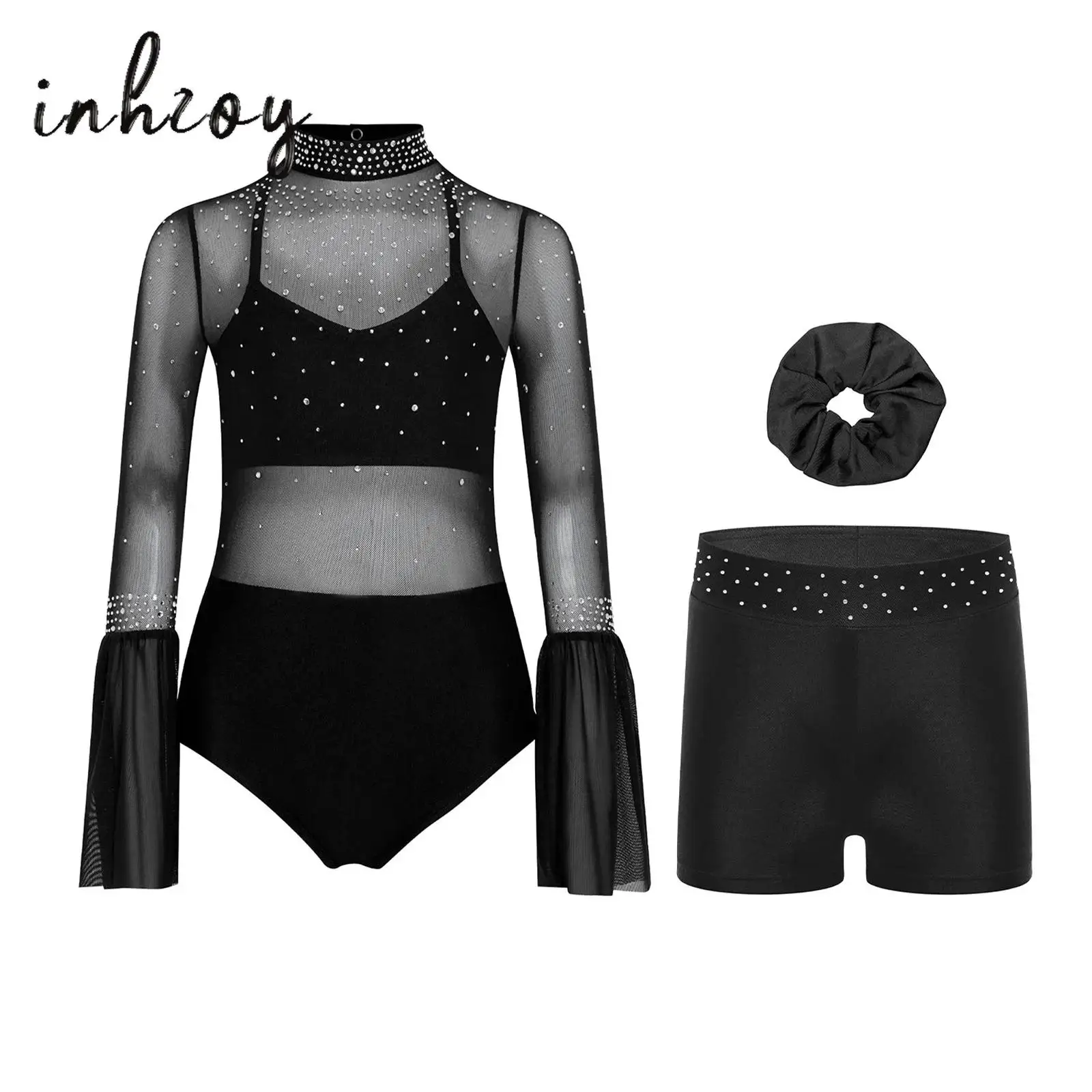 

Kids Girls Gymnastics Figure Skating Dance Bodysuit Flare Sleeve Sheer Mesh Patchwork Shiny Rhinestone Leotard+Shorts+Headwear