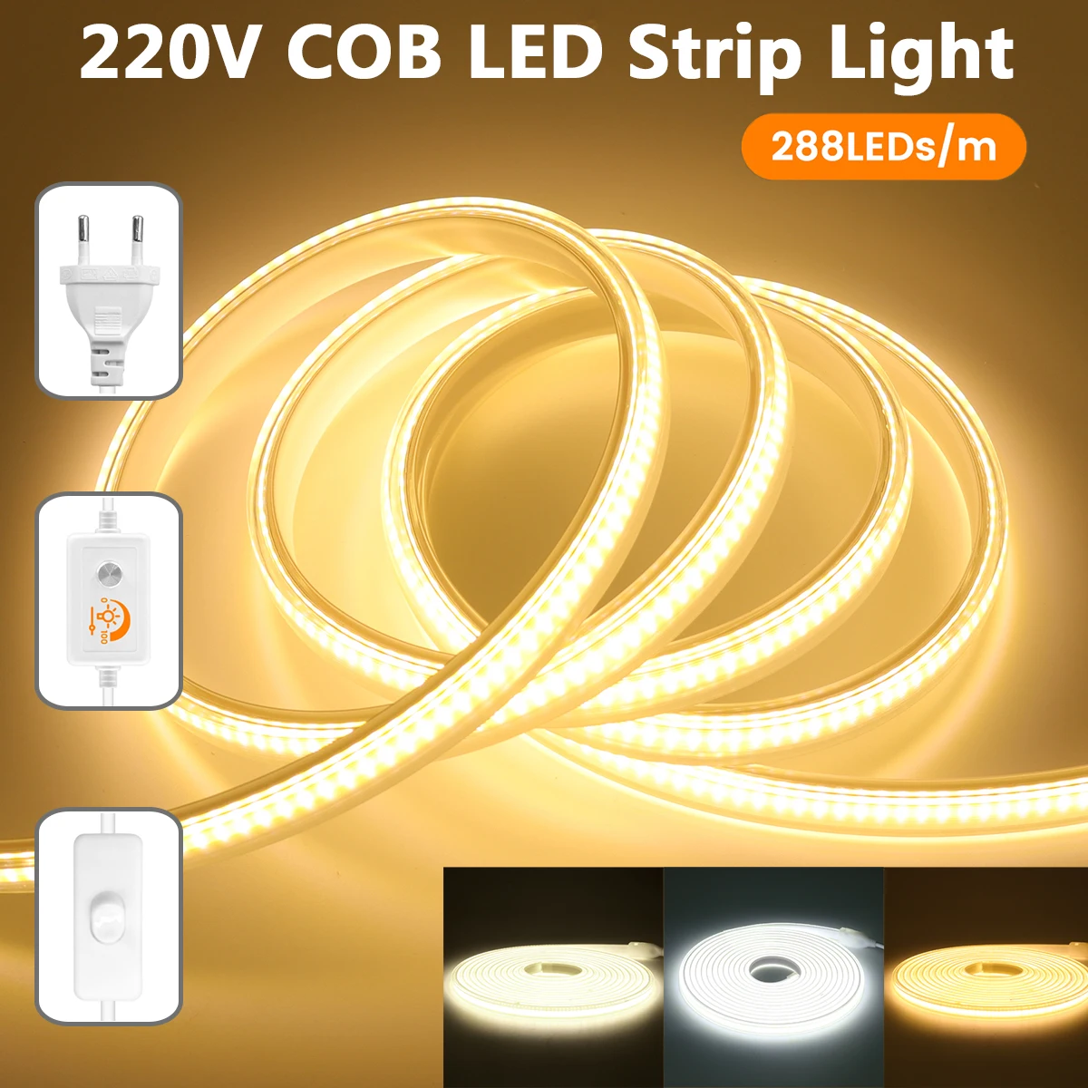AC 220V Waterproof COB LED Strip Light Switch Dimmer With EU Plug Warm Natural White 288 LEDs/m Flex Tube Bright Linear Lighting