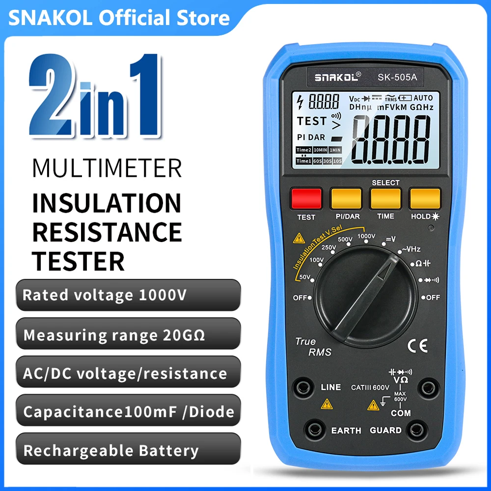 Snakol SK-505A 2in1 Insulation Resistance Tester 1000V Megohmmeter Professional Digital Multimeter Voltmeter Ohm Electrical Tool