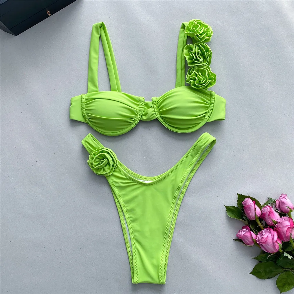 Light Green 3D Flower Swimwear Bikini Push Up Mujer Micro Thong Swimsuit Woman 2026 Bathing Suit Brazilian Bikinis Sets Biquinis