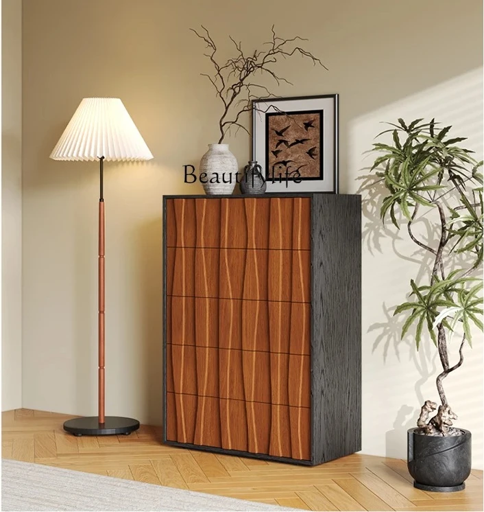 

ls 35 Vintage Style Solid Wood Teak Veneer Five-Drawer Chest Retro Modern Bedroom Storage Side Cabinet