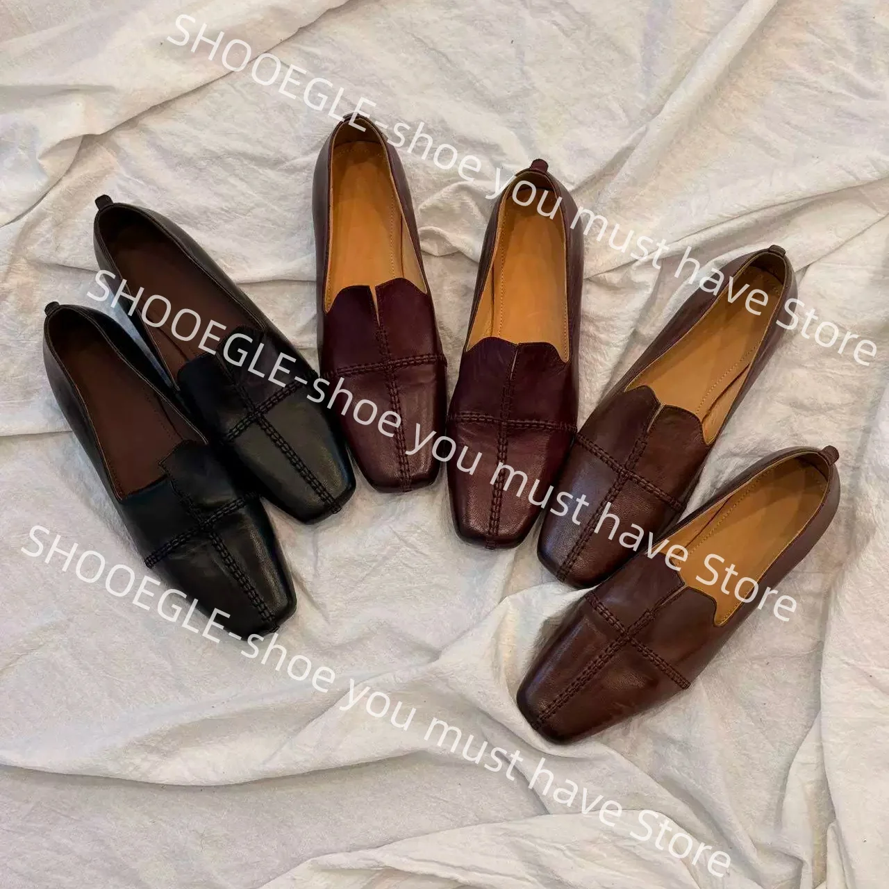 Women's Brown Leather Square Toe Stitched Loafer Flat Shoes Vintage Elegance Slip-On Design Ladies Classic Office Single Shoe