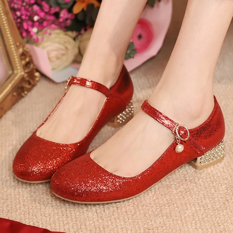 Luxury Mary Jane Shoes for Women Low Heel Ankle Strap Gold Silver Red Party Ladies Dress Dance Shoes Comfortable Good Quality
