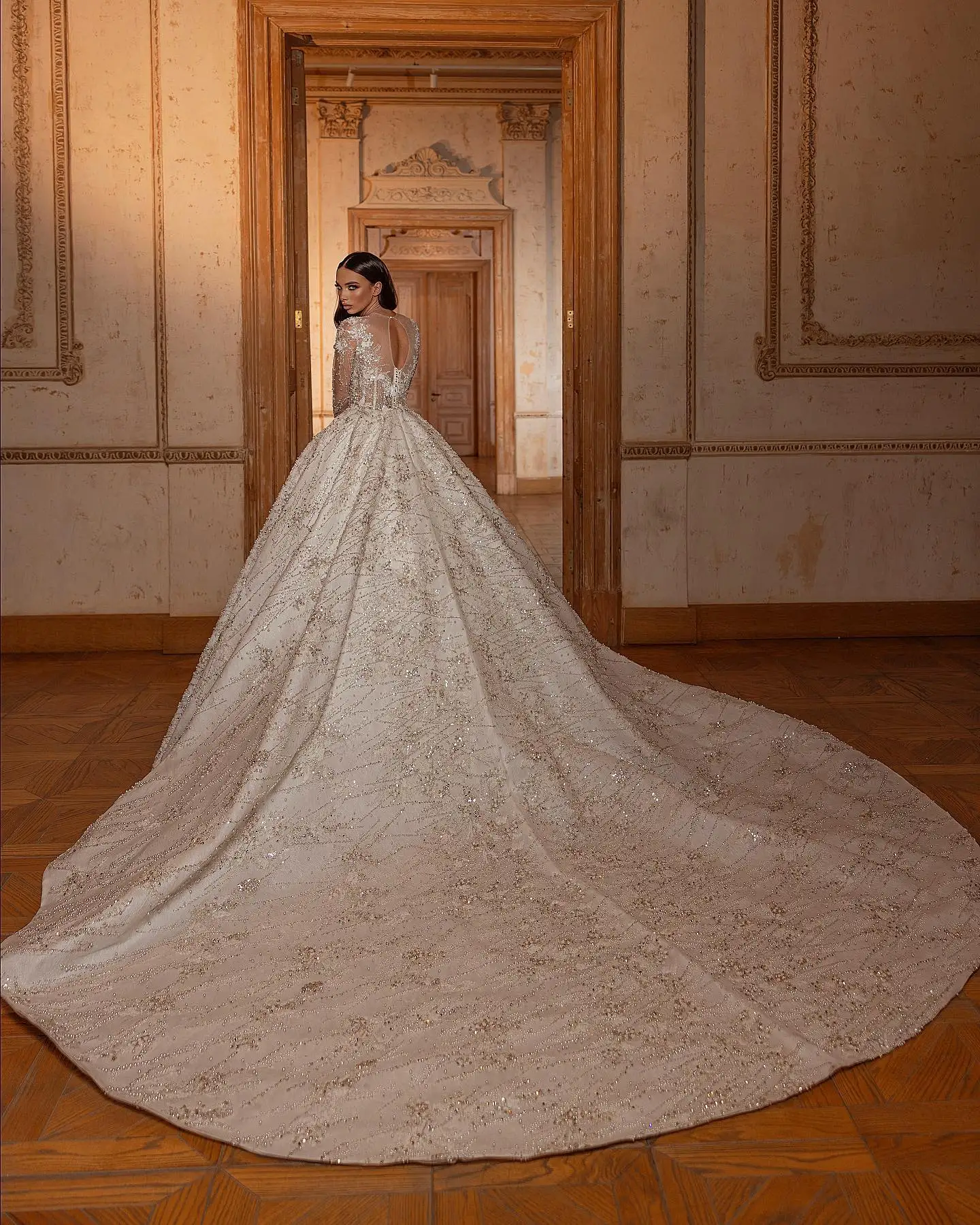 Luxurious V-neck Bridal Gown 2025 Charming Applique Wedding Dress Romantic Lace Long Sleeve Floor-Length Gown Customized