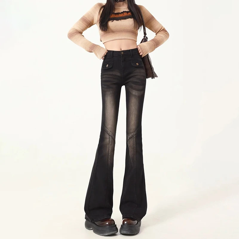 Black High-Waisted Bootcut Jeans, Women's Spring Autumn New Design, Elastic Slim and Slim, Versatile Mop Horseshoe Pants