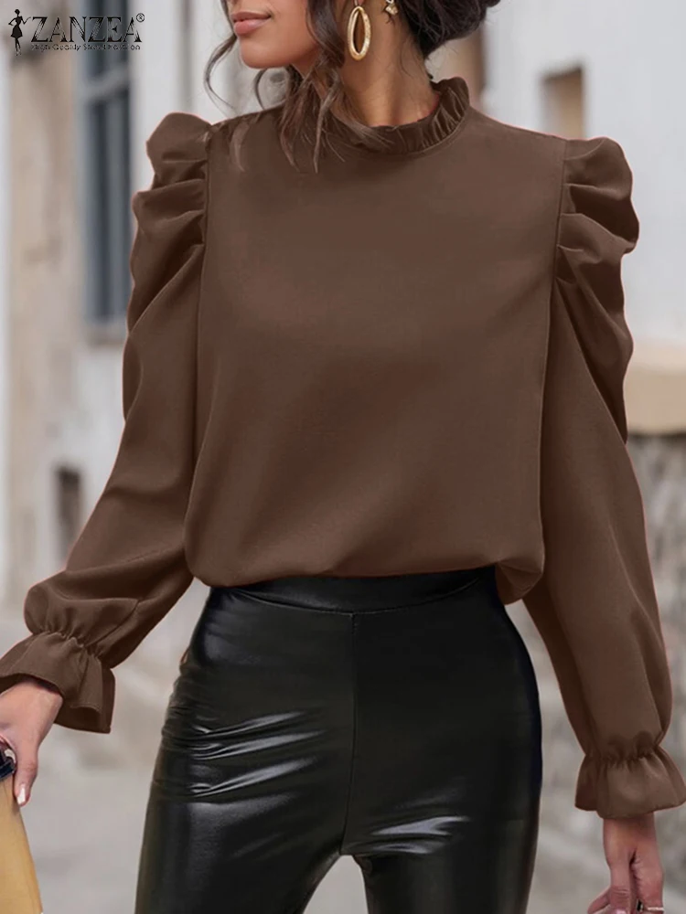 

ZANZEA Spring Women Blouse Streetwear Chic Holiday Tops Tunic Fashion Long Puff Sleeve Solid Office Work Shirt Oversize Chemise