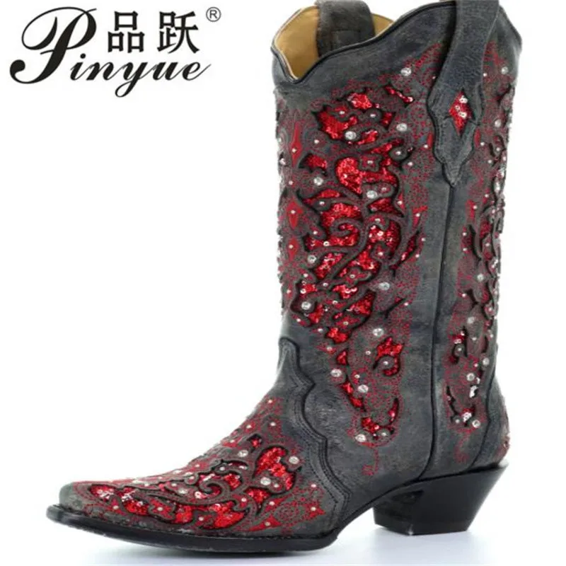 Dameslaarzen Mode Vintage puntig borduurwerk Instapper Strass Print Feest Kniehoge laarzen 34-46