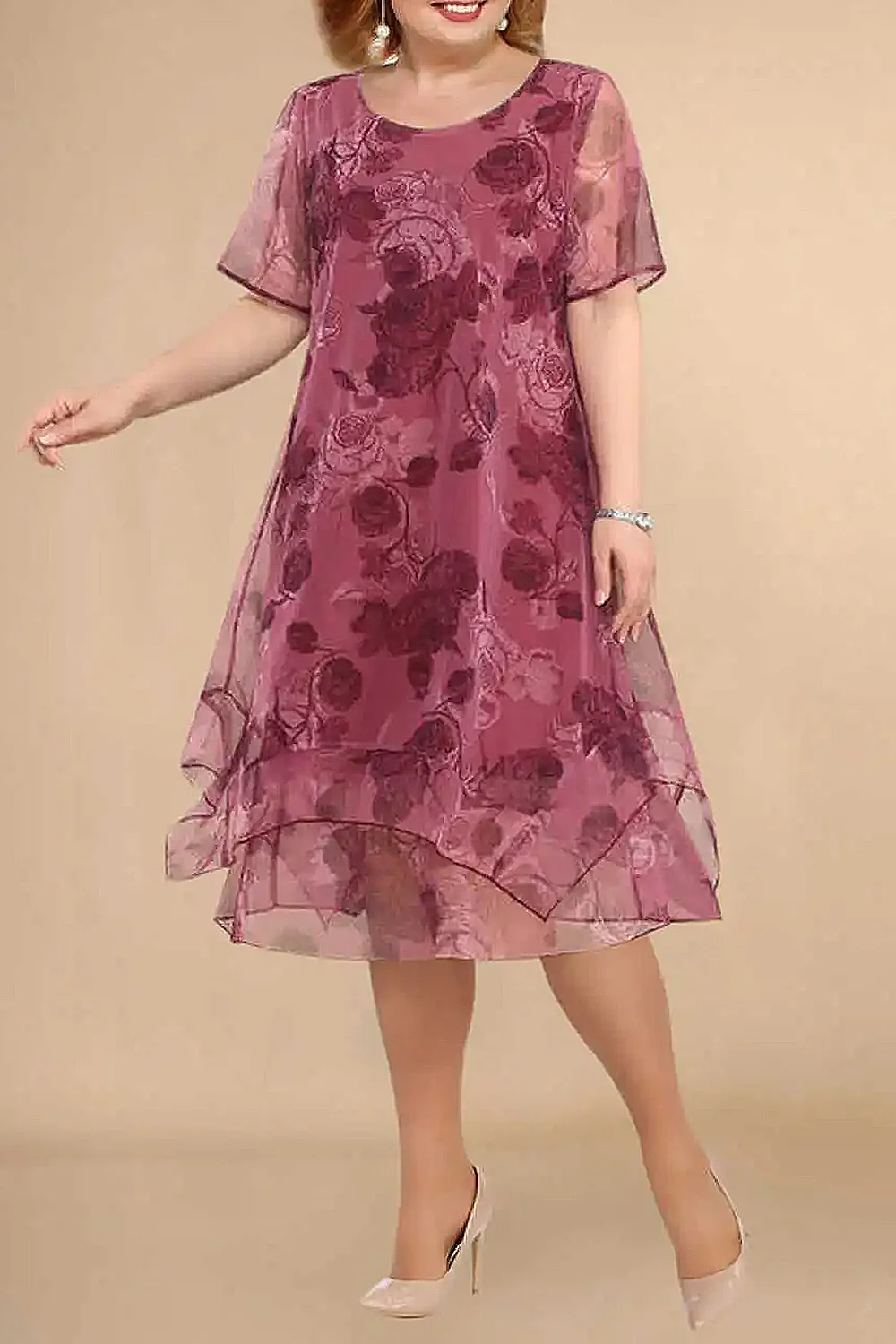 Flycurvy Plus Size Formal Fuchsia Chiffon Floral Print Layered Tea-Length Elegant Midi Dress