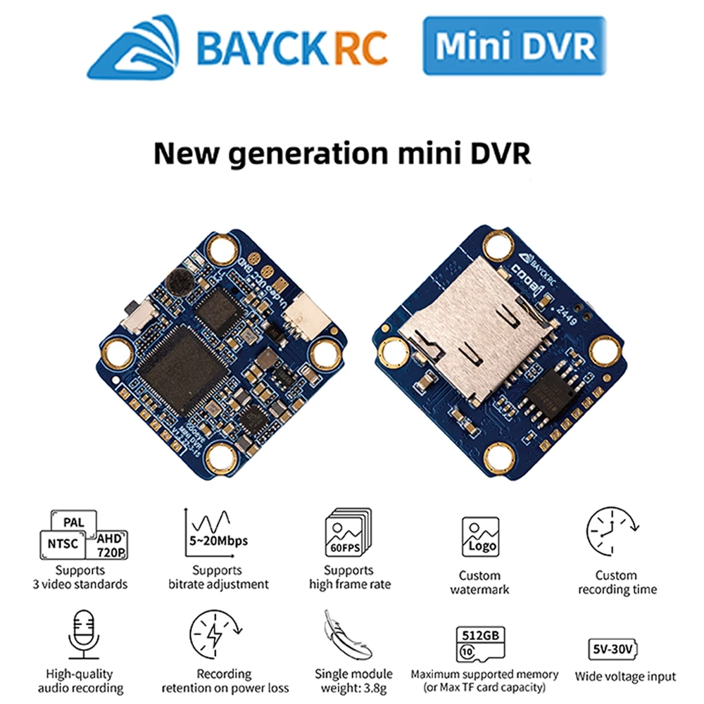BAYCK COOAI  MINI DVR 5V-30V Support 512G MAX Micro SD PAL/NTSC/AHD720P (25/30/60fps) Camera Video Module For FPV RC