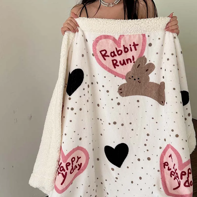 Running Rabbit Thickened Throw Blanket for Women Children Warm Pink Black Love Shawl Dark Gray Polka Dot Print Girl Blankets