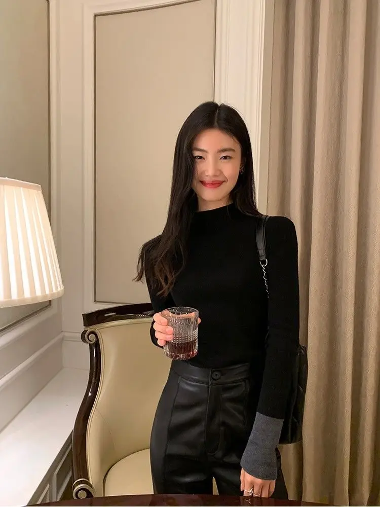 Autumn Winter Long Sleeve Half Turtle Neck T-Shirt Women's Contrast Color Design Slim Fit Versatile Temperament Bottoming Top