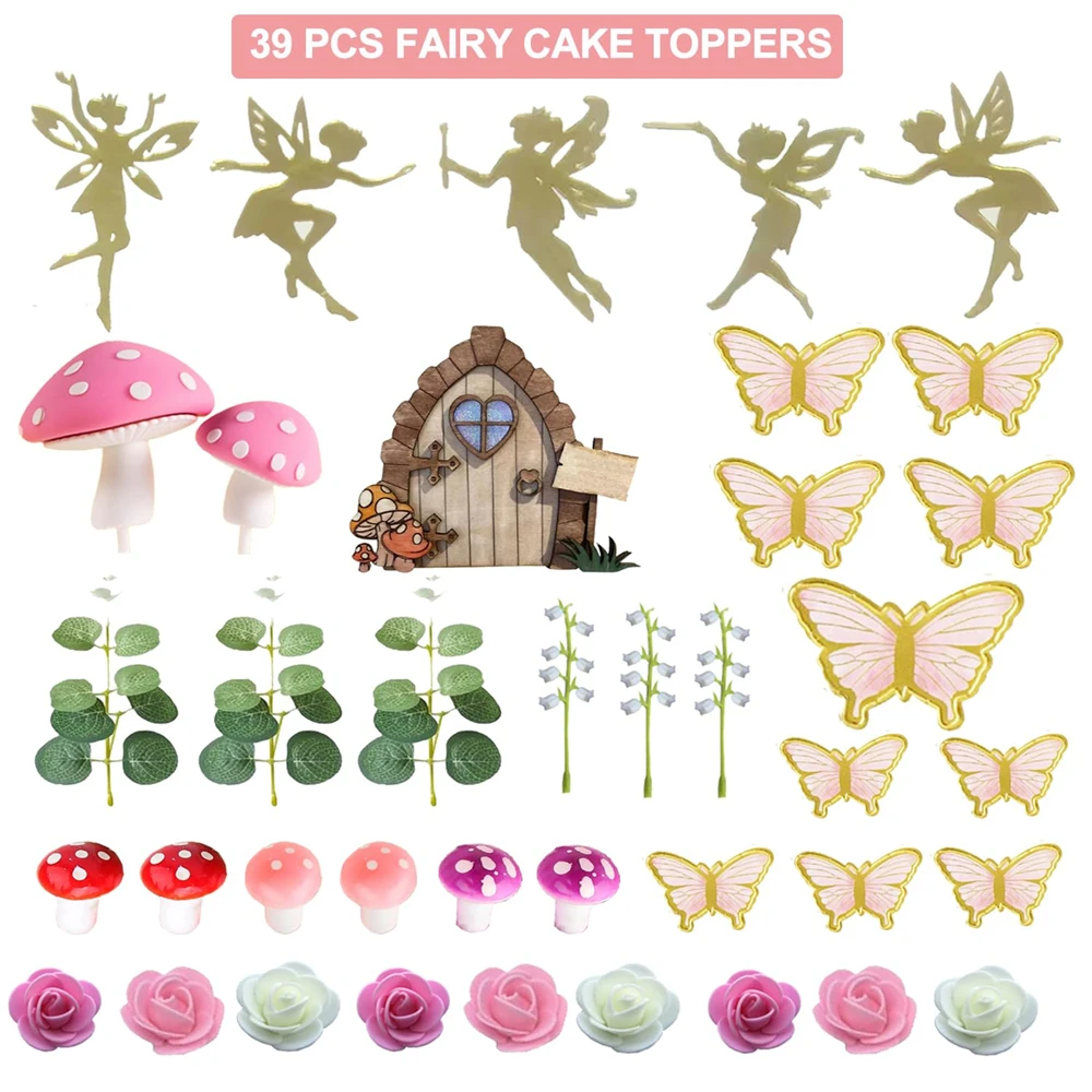 39pcs Fairy Cake Toppers Golden Fairy Butterfly Cake Toppers Mushroom Cake Toppers Girls Birthday Baby Shower Party Supplies