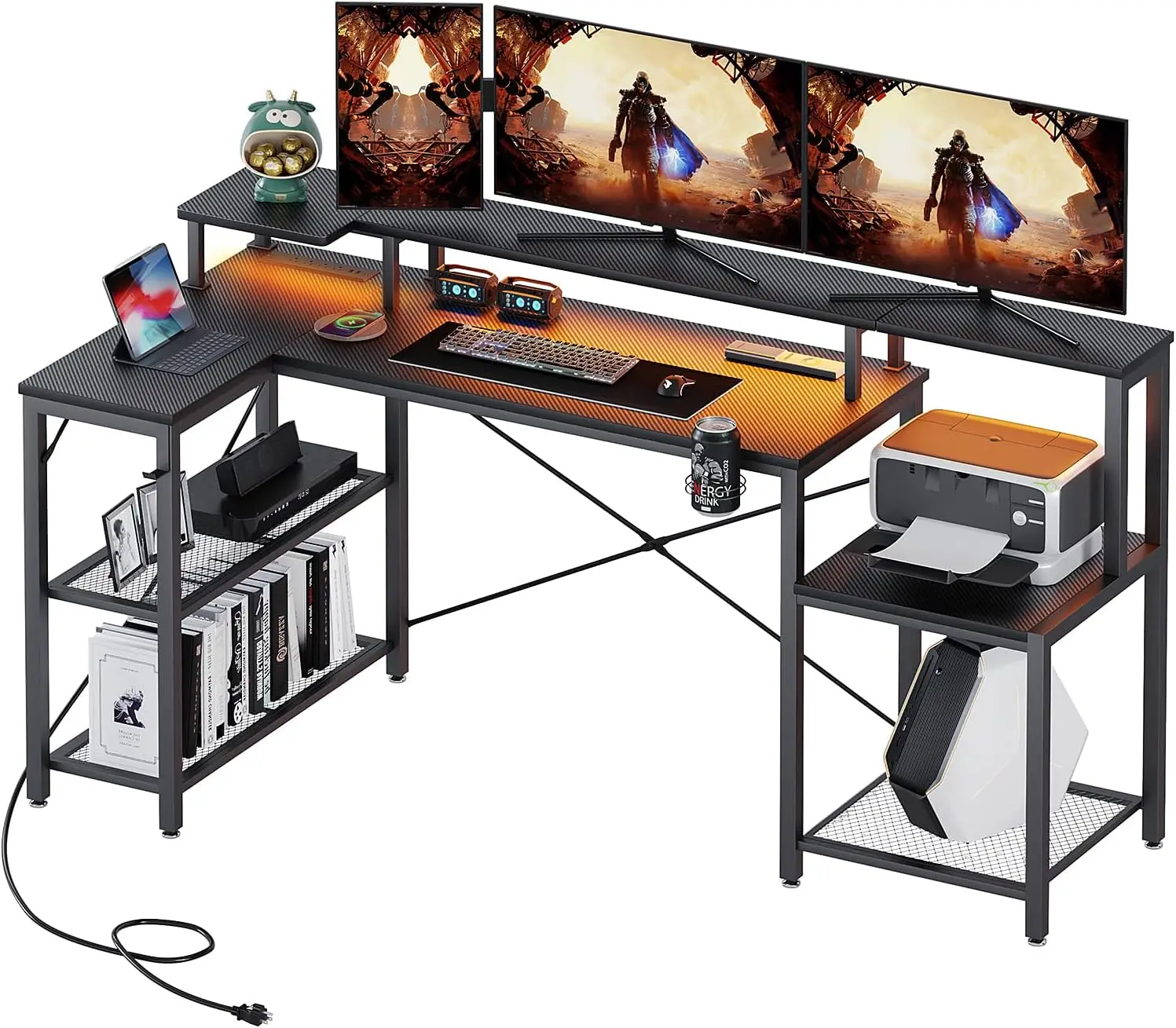 

L Shaped Gaming Desk With Power Outlet&Music Strip Lights, Corner Desk With 2-Layer Storage,2-Layer Printer Stand,Pc Laptop