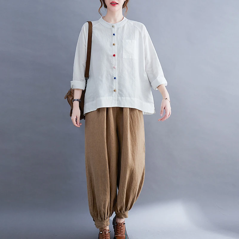 Women Spring Autumn Cotton Linen Shirt Lady Buckle Retro Literary Art Blouse Faux Linen Chic Casual Loose Shirts