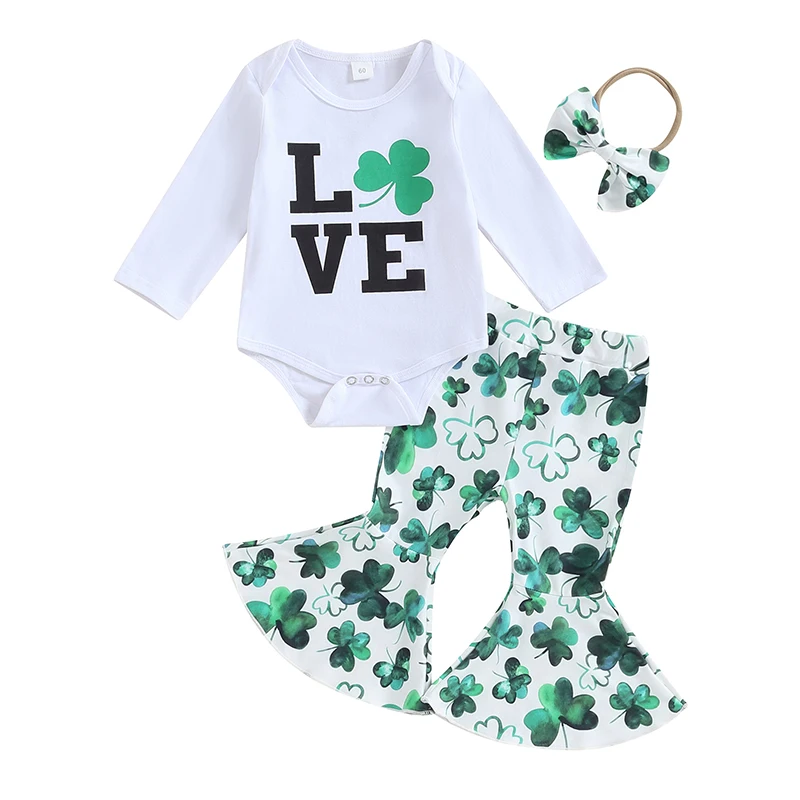 Baby Girls St. Patrick 's Day Outfit Clothes Shamrock Letter Print Long Sleeves Romper Elastic Flared Pants Headband Set Costume