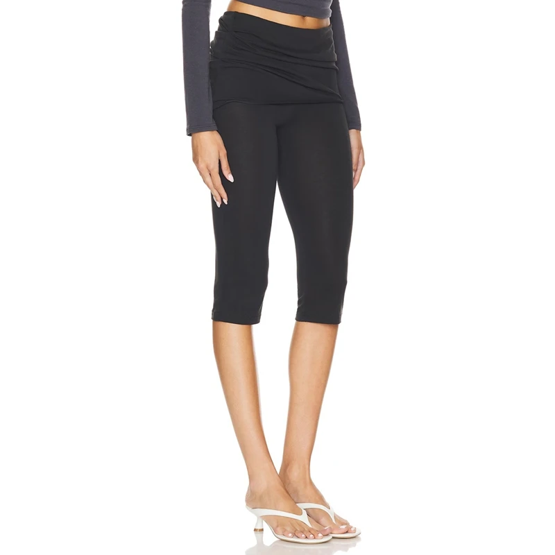 Women's Ruched Fold Over Solid Capri Leggings Low Rise Yoga Cropped Pants Knee Length Stretch Y2k Loungewear Bottoms