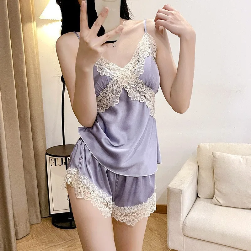 Women Lace Trim Pajama Set Sexy Cami Top and Shorts Sleepwear Loungewear Two Piece Set Home Clothes Nightwear Black Plus Size view 5