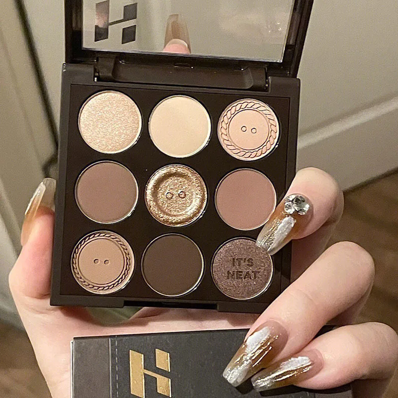 Paleta de sombra de ojos con botón de punto, 9 colores, brillo mate nacarado, pigmento brillante, diamante, maquillaje cosmético