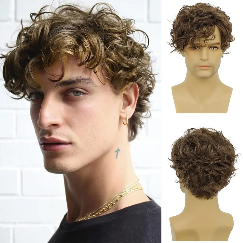 

Men's Short Brown Wig Curly Layered Natural Side Part Hair Heat Resistant Halloween Synthetic Wig (Brown)