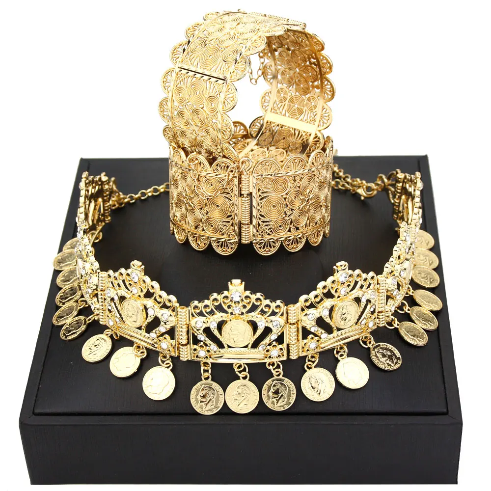 Sunspicems Gold Color Algeria Bride Wedding Jewelry Sets Flower Bangle Bracelet Hairchain Sets Napoleon Coins Women Hairband