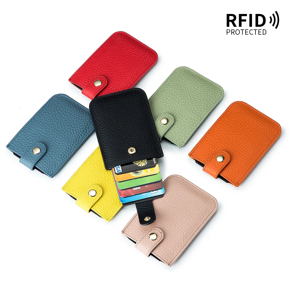 Slim Card Holder New Genuine Leather Quick Access Pull-Out Card Pockets RFID Blocking Credit Card Wallet for Men and Women